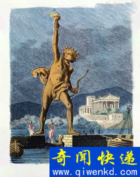 世界七大奇迹之六,罗得岛上的太阳神巨型雕像,建于公元前305年;