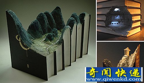 新鲜的艺术 书雕微型景观 利用了各种旧书籍制作而成