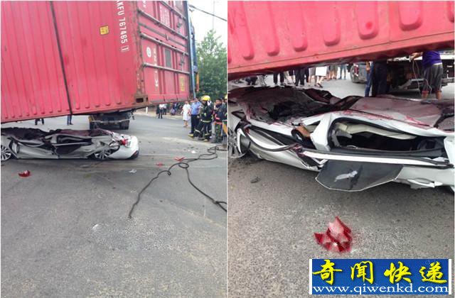 青岛正阳西路发生车祸轿车被压扁 车主幸存