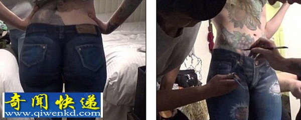 女模彩绘牛仔裤半裸逛街