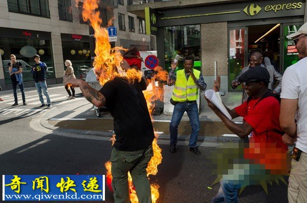 为抗议比利时移民法案黎巴嫩男子当街点火自焚