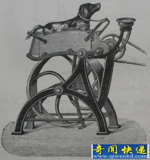 1882年著作《流行科学娱乐》刊登的一幅图片,展示了法国商人M-理查德发明的狗动力缝纫机 维多利亚时代怪异发明:狗踩踏板式缝纫机