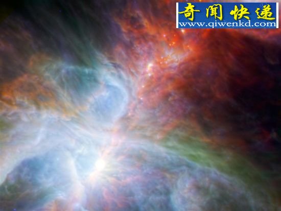 这是猎户座大星云的照片,综合了斯皮策和赫歇尔望远镜的红外波段观测数据,揭示出很多原本隐藏在尘埃气体云之中新生恒星的光芒,它们的星光璀璨,宛若宇宙彩虹 猎户座星云新生恒星光芒似宇宙彩虹