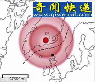 大约5600万年前的北大西洋。a、b和c是科学家认为的地柱中心所在地。虚线代表大陆解体 大西洋海底发现5600万年前古代沉山与河床