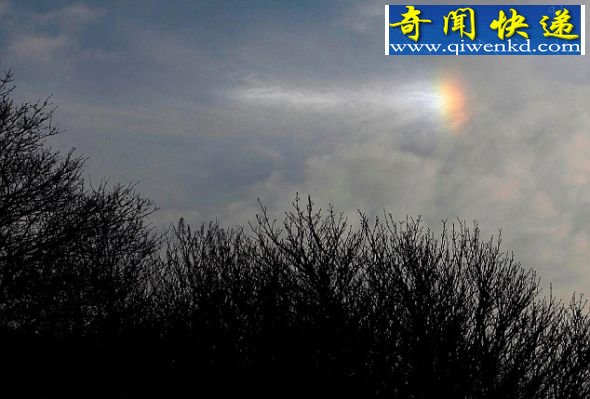 怀特岛考兹上空出现的罕见幻日。阳光穿过冰晶时形成一道垂直的彩虹。 英摄影师拍到罕见冰彩虹曾疑为UFO