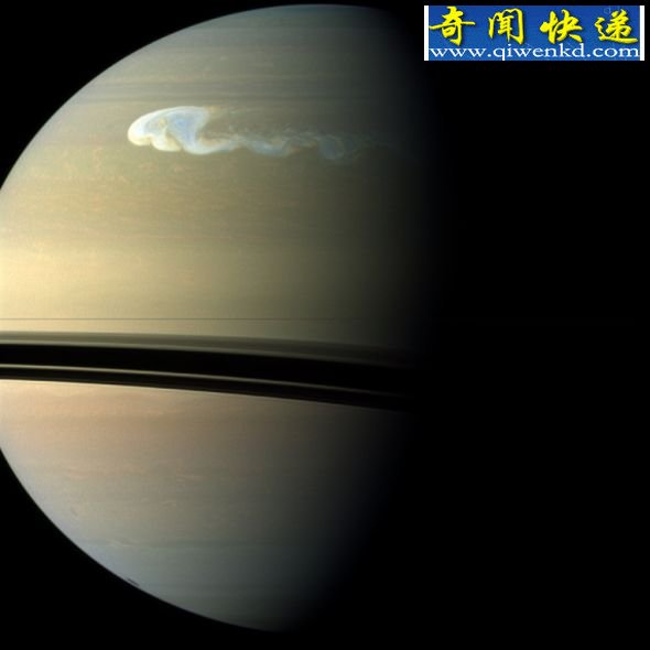 这是卡西尼号探测器在2010年12月份拍摄的土星照片,看以看到此时已经出现了一个风暴系统,其纬向直径1万公里,经向直径1.7万公里。 直径1万公里的土星现超级风暴